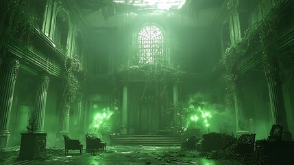 Exploring Abandoned Mansion Hall with Overgrown Vines and Eerie Green Light