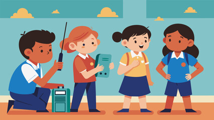 With determination on their faces students practice how to communicate with emergency responders using proper radio etiquette during a school safety drill.. Vector illustration