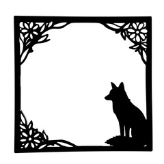 Silhouette of a fox framed by floral branches and leafy corners design