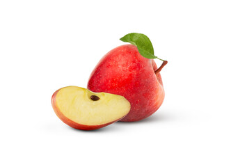 Bright red apple with leaf and a slice isolated