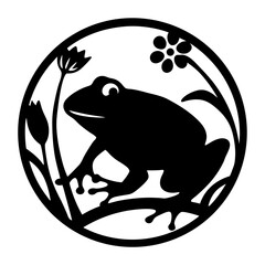 Black and white frog design inside a circle with flower and bud