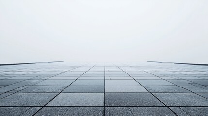 Fototapeta premium Misty urban landscape showcasing a sleek, modern building with reflective tiles under overcast skies