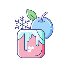 A delightful winter beverage illustration featuring a frosty pink drink topped with melting ice and a vibrant blue plum