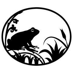 Monochrome silhouette of a frog in the pond, within an oval frame