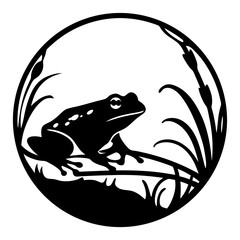 Serene Silhouette Frog in Pond, Round Decorative Vector Illustration Design