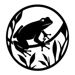Stylized Black Frog Perched Among Leaves Encased in Circular Frame Design
