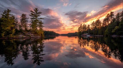Serene lakeside sunset with vibrant sky reflection on calm water surrounded by lush trees and distant boat creating a peaceful and scenic landscape