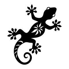 Silhouette of a gecko with decorative markings and curled tail design