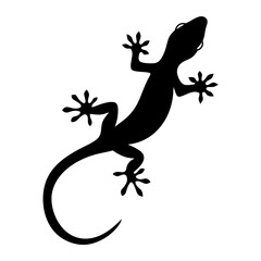 Black silhouette of a climbing gecko lizard with curled tail on white
