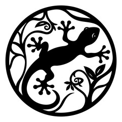 Elegant black silhouette of a gecko framed within a decorative circular design