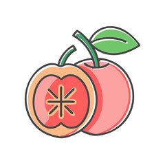 Illustration of a juicy ripe red apple sliced in half showing the inside with a starburst pattern and a whole apple with a green leaf