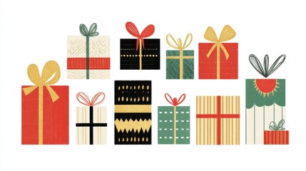 Gift Boxes: A vibrant assortment of colorful gift boxes, each meticulously designed with unique patterns and textures, exuding anticipation for the festivities.