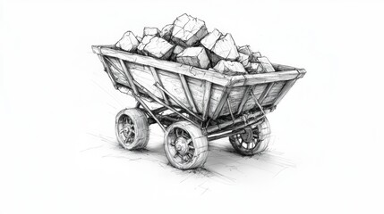 Heavy stone cart constructed from wood for transporting materials in a mining site during daylight hours