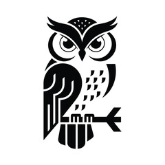 Minimalist Owl Design in Black and White, Stylized Black and White Owl Vector Illustration