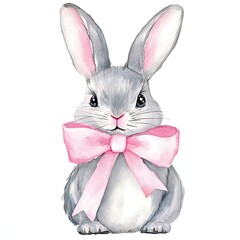 Obraz premium Charming watercolor easter bunny with pink bow for holiday design and decoration