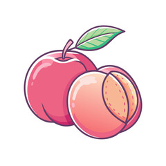 A pair of juicy pink peaches with a single leaf one peach is cut in half showing the inside