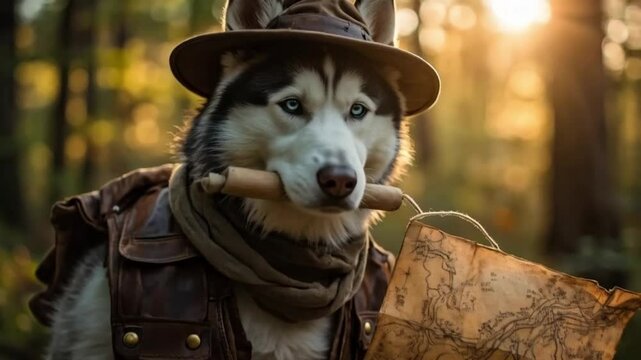 A dog wearing a hat and backpack and holding a stick.  Smooth repeating motion for background video animation