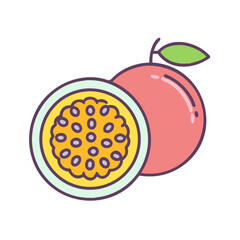 Vibrant Illustration of Passion Fruits Whole and Halved Showing Juicy Seeds and Tropical Leaf