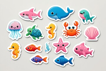 Cute cartoon ocean creatures on a light gray background.
