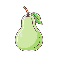 A cartoon drawing of a light green pear with a leaf
