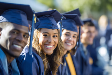 Group of smiling graduates in academic gowns and caps sitting in a row at outdoor ceremony. Close-up portrait of young students. Graduation and achievement concept. Education celebration.
