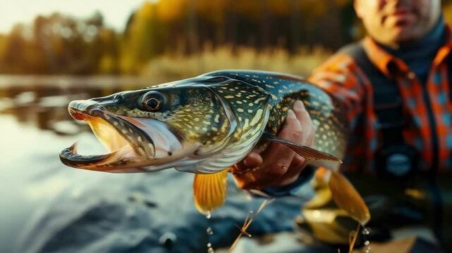 close-up of a fisherman holding a pike in his hands. Selective focus