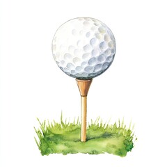 Watercolor golf ball on tee isolated on white background for sports print design