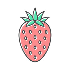 A Cute Cartoon Illustration of a Red Strawberry with Green Leaves and Small Seeds
