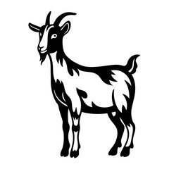 Stylized black and white goat illustration standing attentively on white background