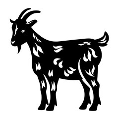 Black and white stylized goat illustration with intricate design elements
