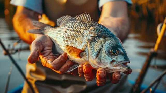 a close-up of a fisherman holding a fish in his hands. Selective focus