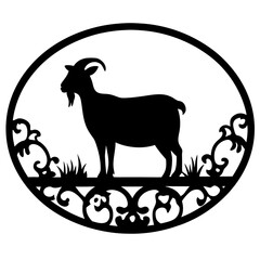 Silhouette of a goat in an oval frame with decorative elements and grass