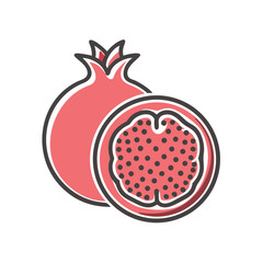 A whole pomegranate and a cross section of a pomegranate showing the seeds inside