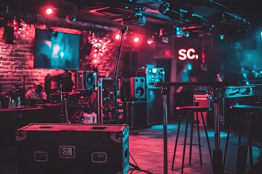 A dimly lit stage with a microphone and speakers, tables, and a brick wall