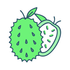 A vibrant illustration of a soursop fruit partially sliced open revealing its creamy white flesh and numerous small black seeds