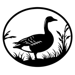 Elegant black and white goose silhouette within a circular natural landscape scene