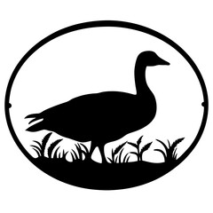 Silhouette of a Goose in a Circle Frame with Grass Detail