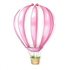 Whimsical hot air balloon in pink and white stripes with strawberries