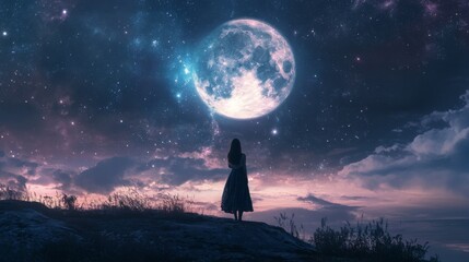 Silhouette of woman gazing up at a giant glowing moon with stars in a blue night sky.