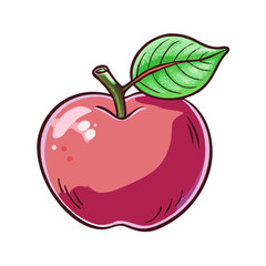 A vibrant illustration of a red apple with a single green leaf
