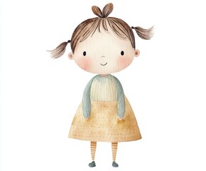 Fototapeta premium Cute Watercolor Girl: A sweet and charming illustration of a little girl with pigtails, a heartwarming smile, and adorable clothing. Perfect for children's book illustrations, nursery decor.