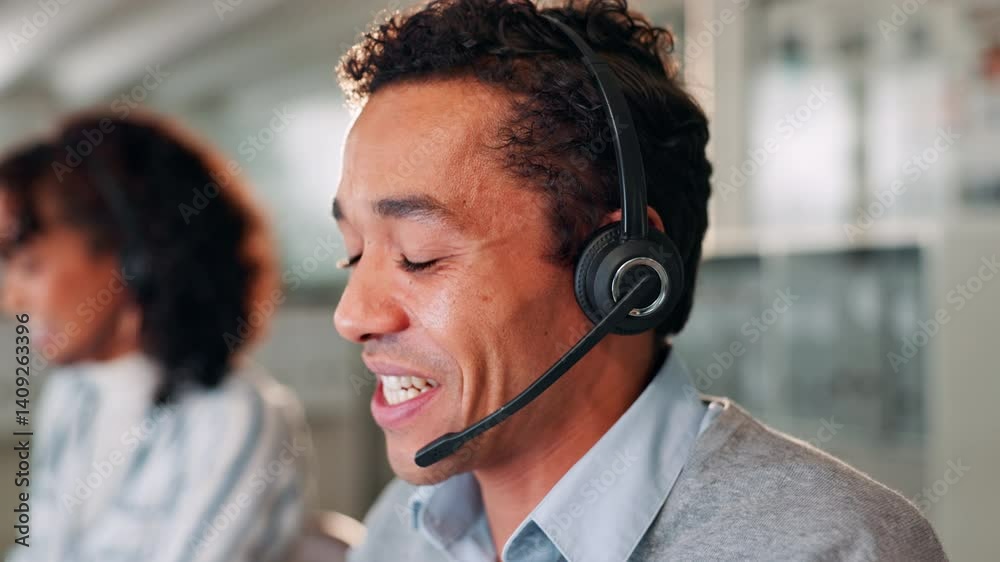 Poster Computer, conversation and headset with man in call center for help or online assistance. Communication, contact us and customer support with crm employee in office for feedback as virtual assistant