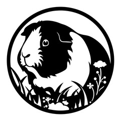 Black and white Guinea Pig illustration surrounded by grass and flowers