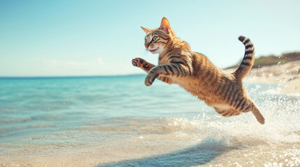 cat playing on the beach