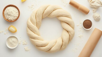Pretzel dough in twisted shape before baking, placed on flour-dusted surface with rolling pin and ingredients nearby