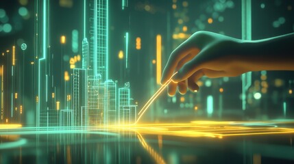 Fototapeta premium Building a Digital Metropolis: A hand wielding a futuristic stylus, deftly drawing neon outlines of towering skyscrapers against a backdrop of glowing circuitry.