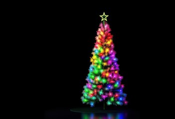 A vibrant rainbow Christmas tree against a stark black backdrop, festive tree, bright