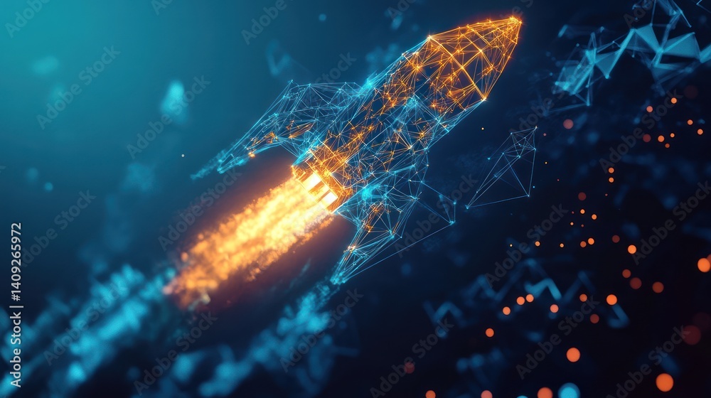 Poster digital launch: abstract rocket soaring through a connected network visualization