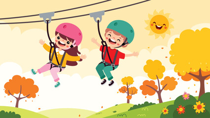 Cartoon Character Having Fun With Zipline