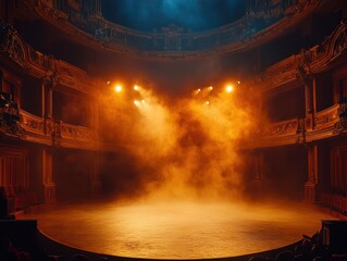 Stage Lights: A mesmerizing panorama of a theatrical stage illuminated by dramatic spotlight beams piercing through swirling fog. The stage is an empty canvas waiting for the performance.